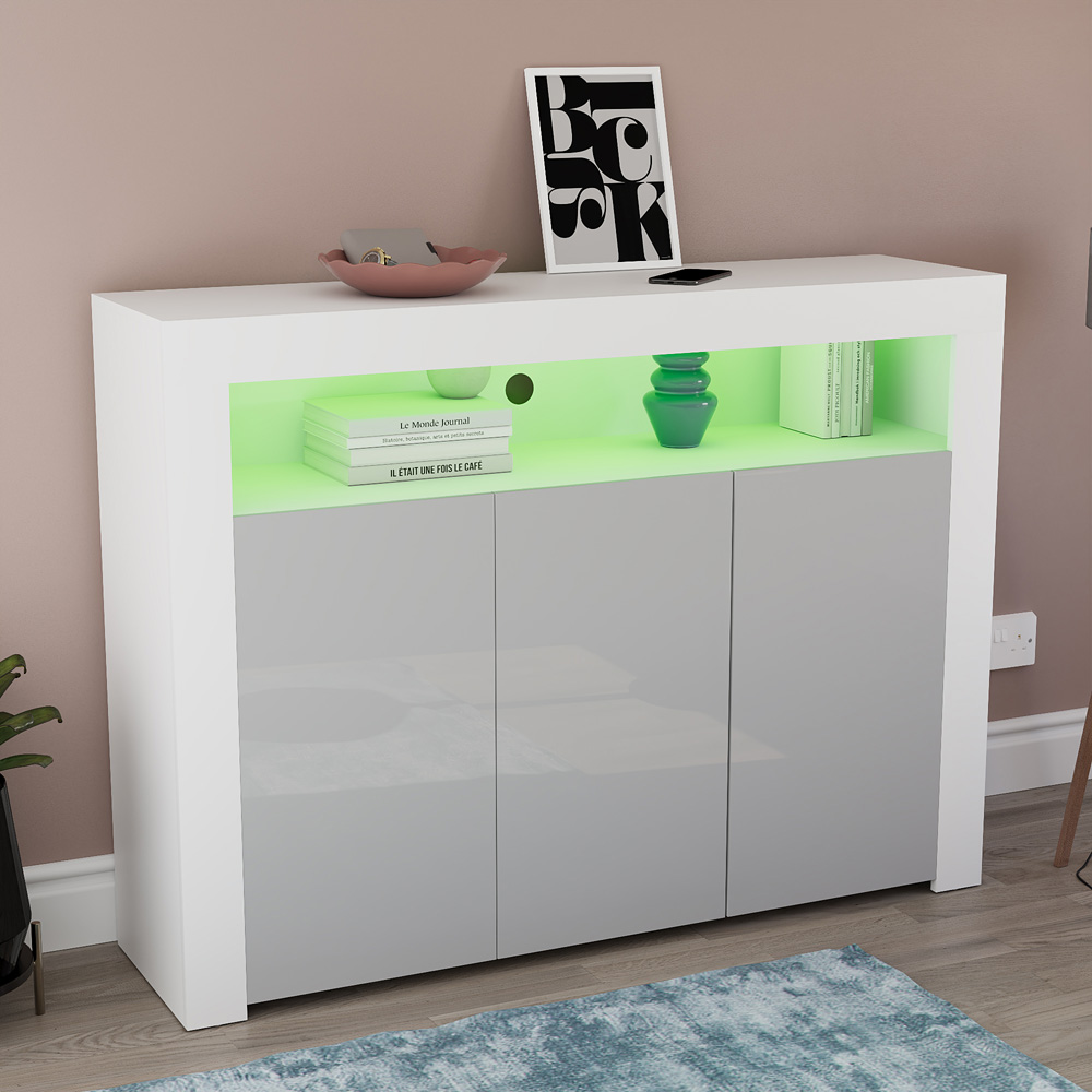 Vida Designs Nova 3 Door White and Grey LED Sideboard Image 7
