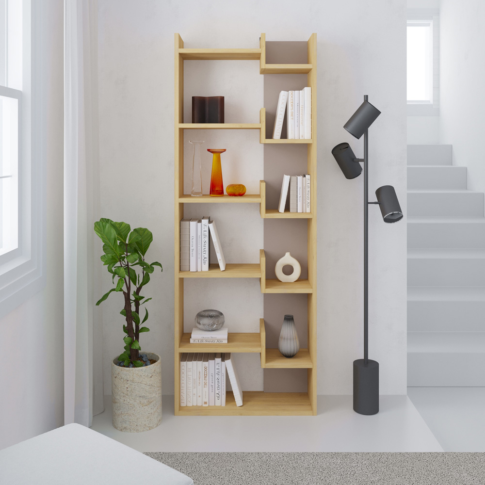 Decortie Oppa 11 Shelf Oak Mocha Grey Asymmetric Bookcase Image 5