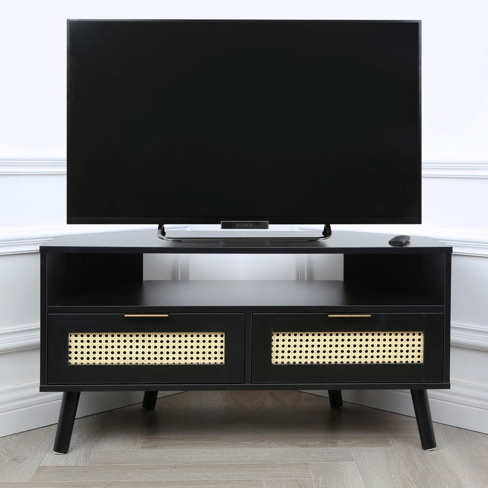 Craven 2 Drawer Single Shelf Black Corner TV Unit with Cane Front Image 4