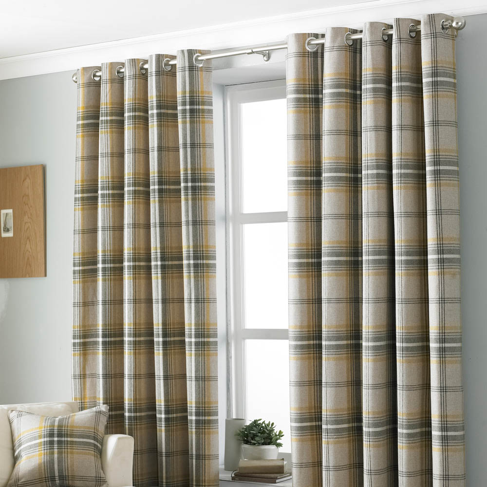 Paoletti Aviemore Ochre Tartan Check Eyelet Curtain 168 x 183cm Image 1
