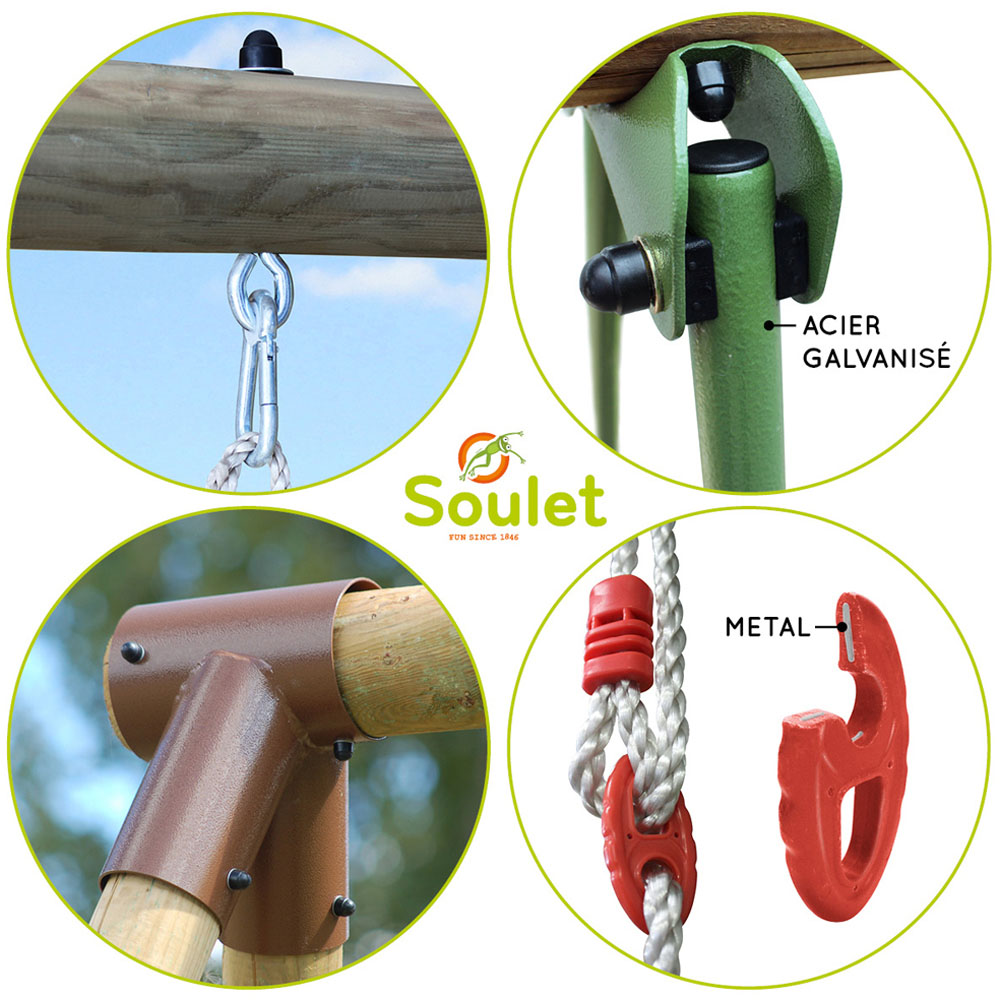 Soulet Gabin Kids Wooden Triple Swing Set with Rope Ladder Image 8
