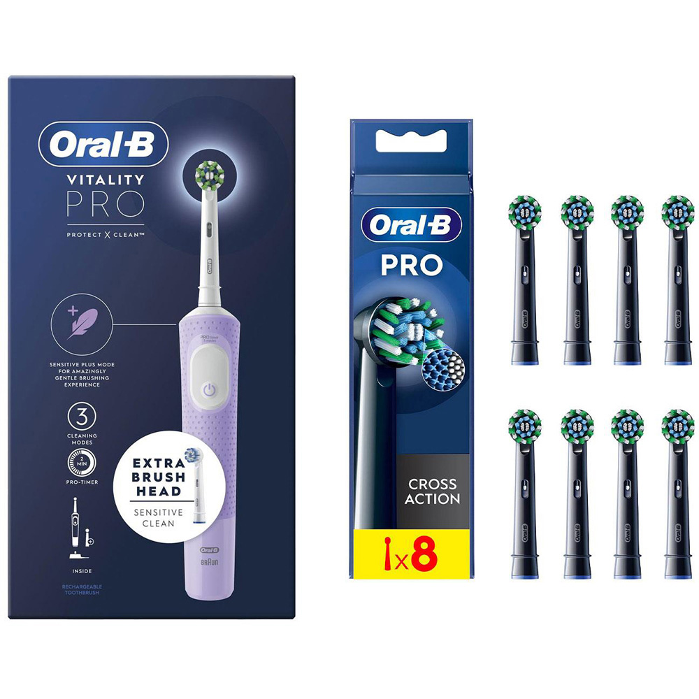 Oral-B Vitality Pro Lilac Electric Toothbrush with 8 Cross Action Black Refill Head Image 1