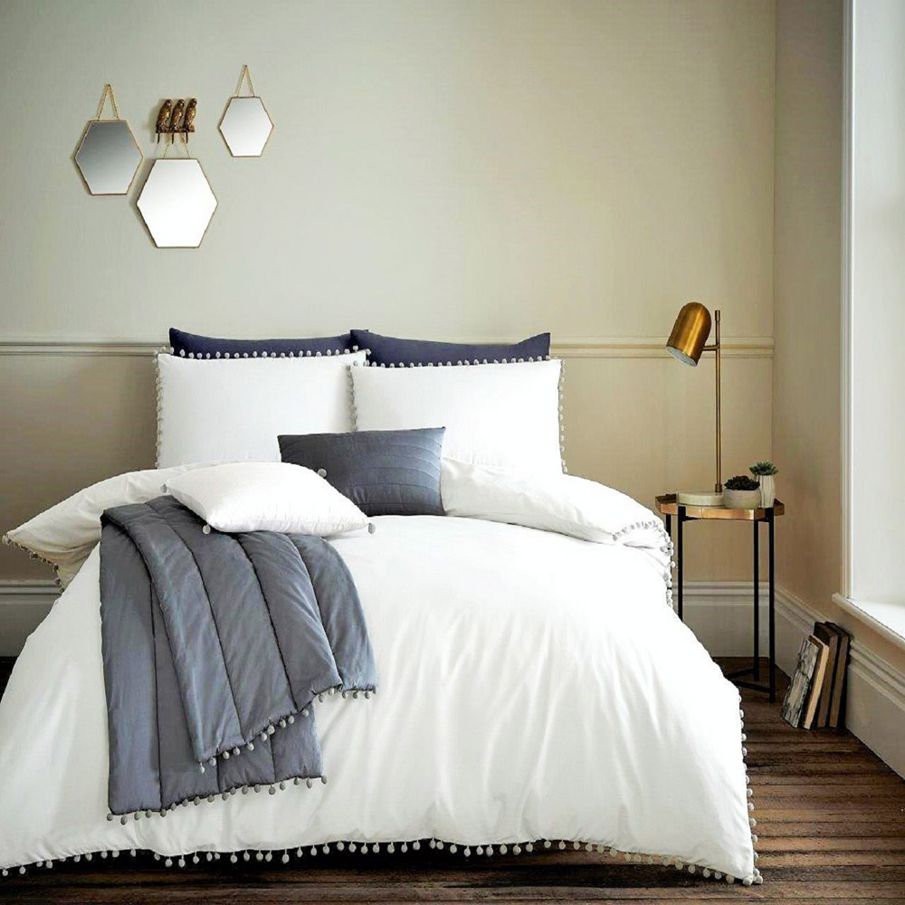 Smart Living King Size White Pom Pom Duvet Cover Set Image 4