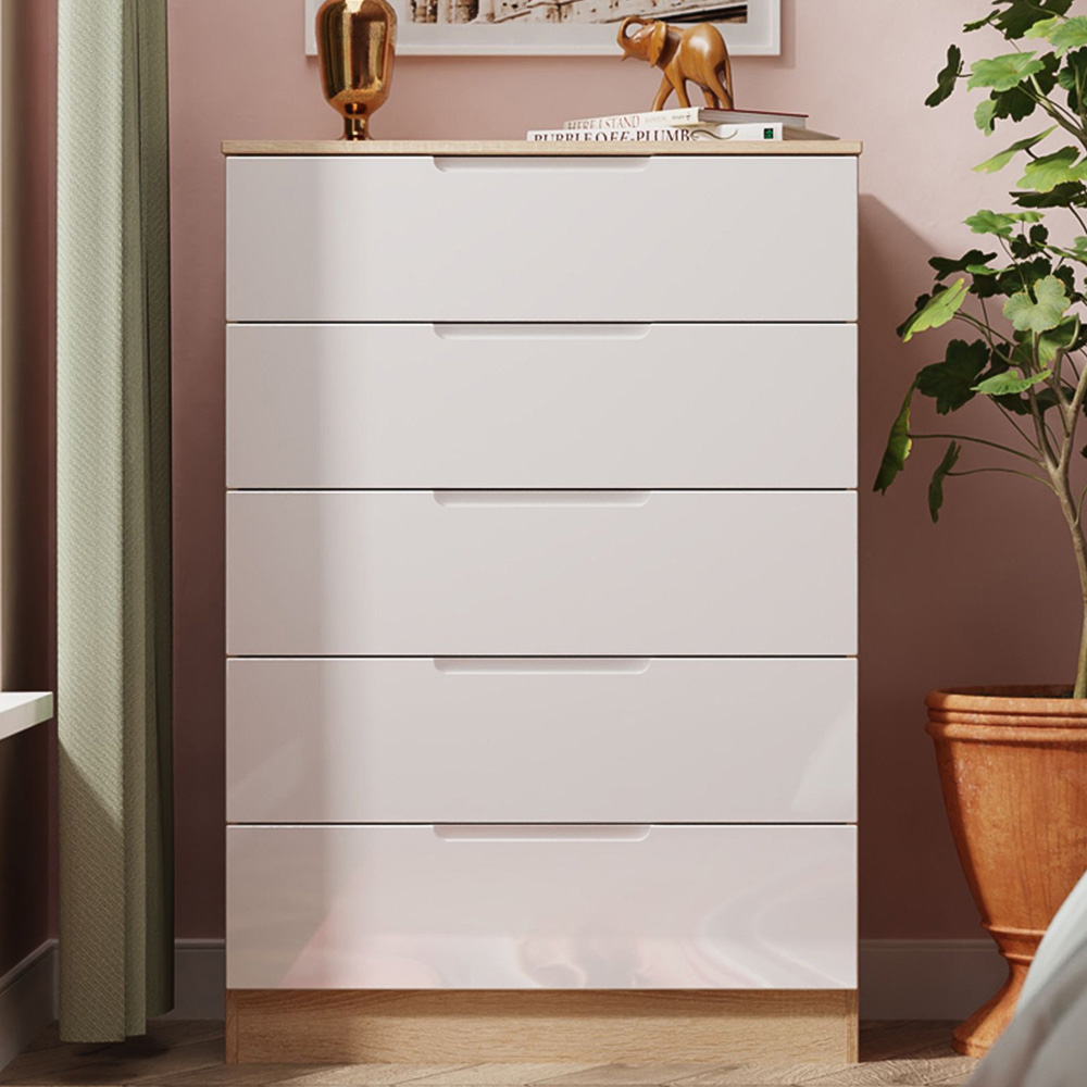 Crowndale Milan 5 Drawer White Gloss and Bardolino Oak Chest of Drawers Ready Assembled Image 1