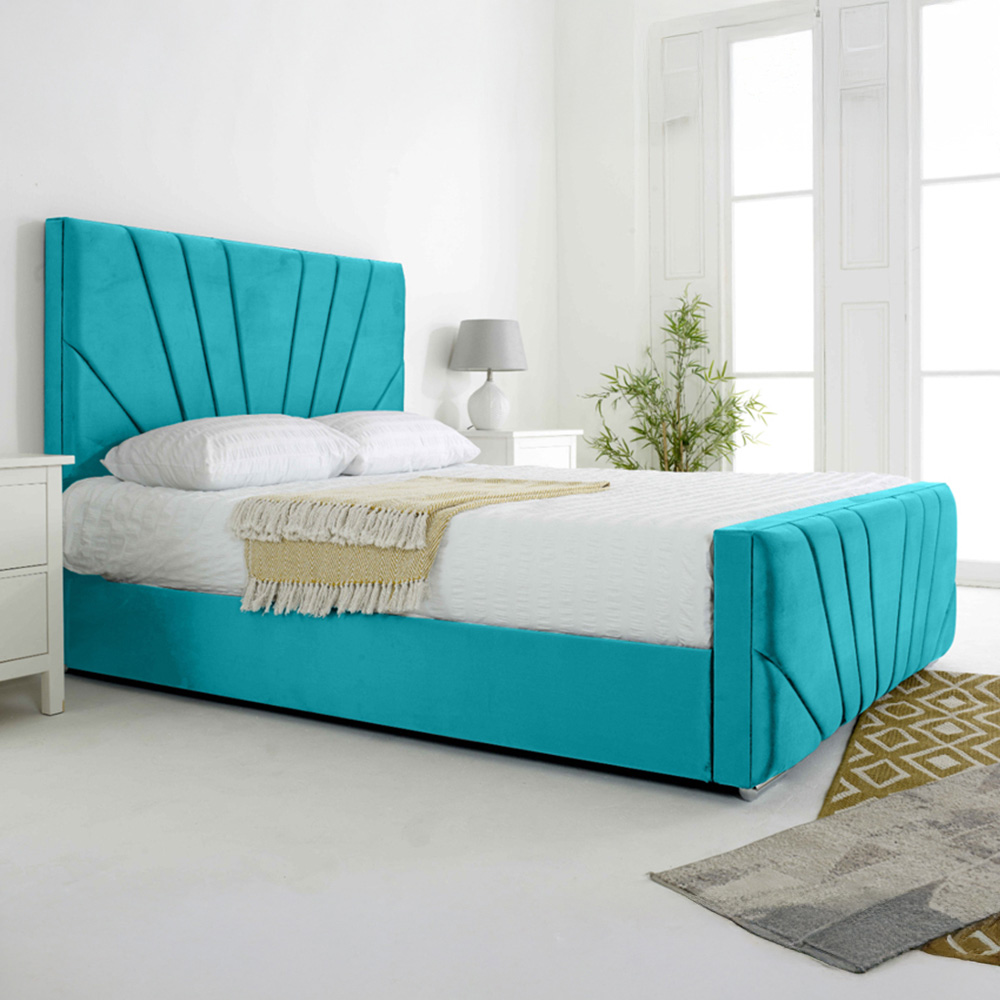 Eleganza Scarlett Single Teal Plush Velvet Bed Frame with Headboard and Footboard Image 1