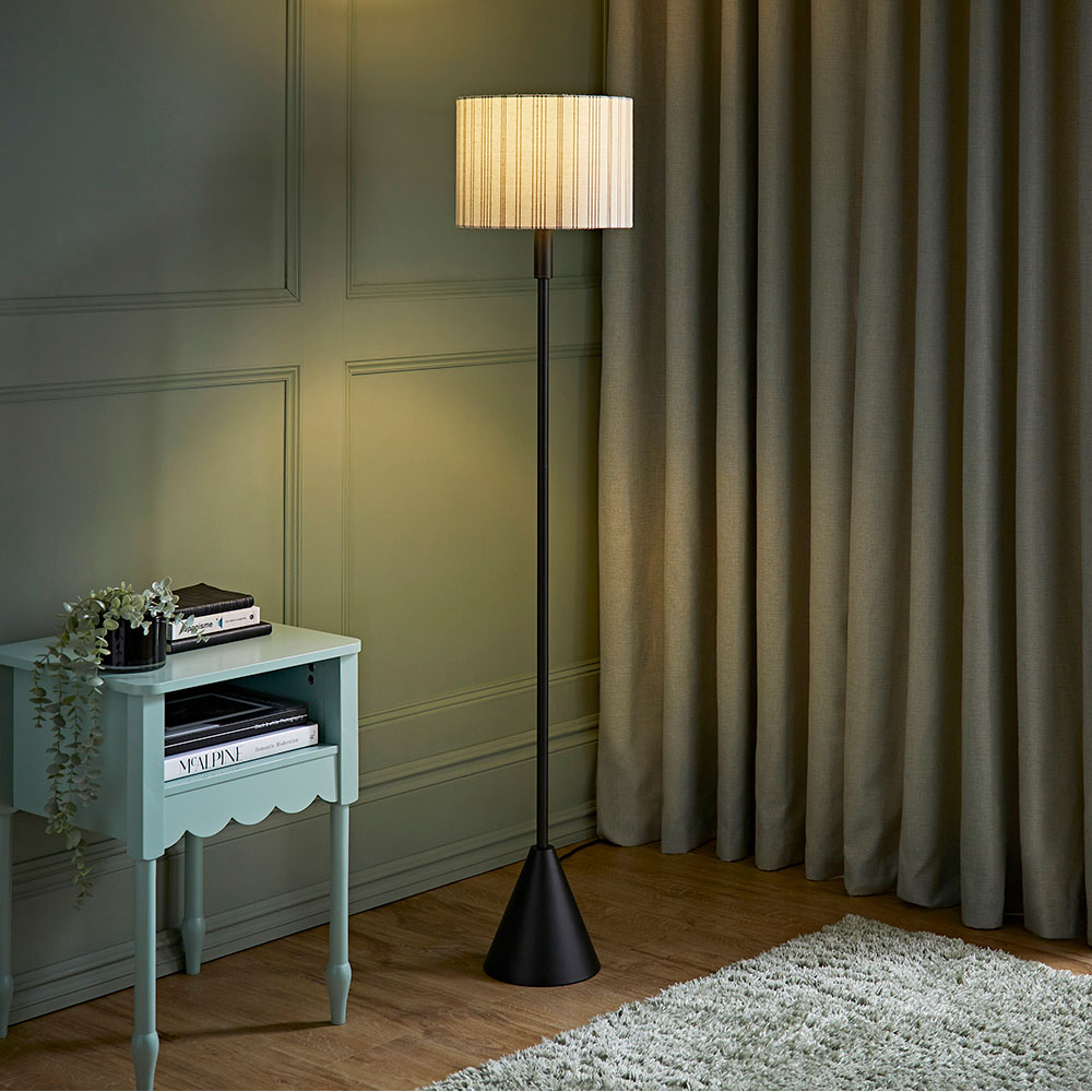 ValueLights Mitch Linen Stripe Lamp Shade Dark Walnut Wood Triangle LED Floor Lamp Image 6