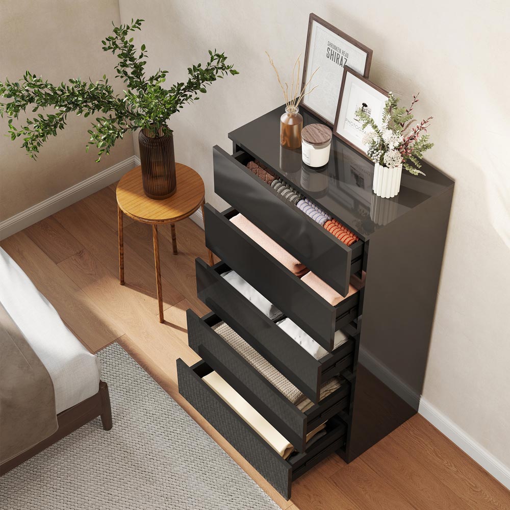 Portland 5 Drawer High Gloss Black Chest of Drawers Image 3