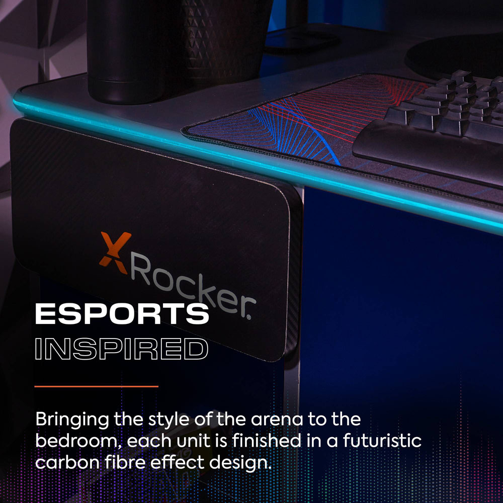 X Rocker Carbon-Tek Single Drawer Single Shelf Gaming Desk with Neo Fibre LED Lights Grey and Blue Image 6