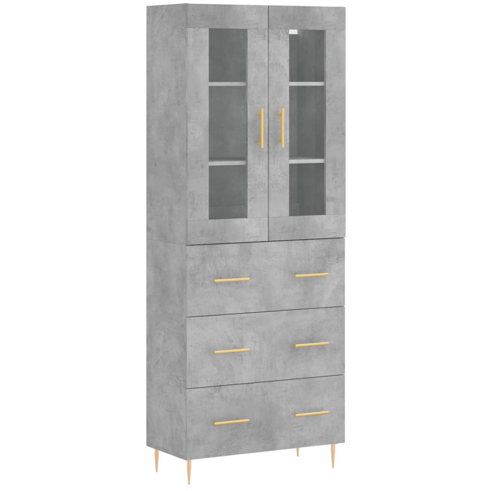 vidaXL 2 Glass Door 3 Drawer Concrete Grey Highboard with Gold Handle Image 2