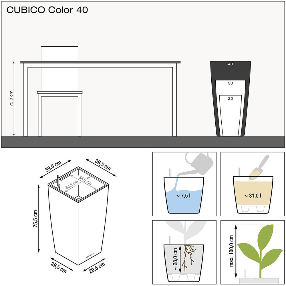 Lechuza Cubico Colour 40 Slate Poly-Resin Self-Watering Planter 75cm Image 7