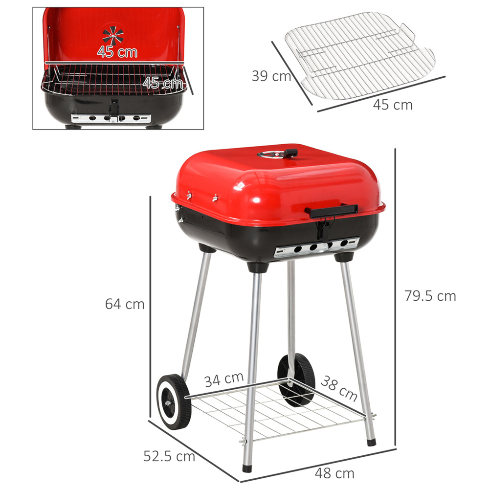Outsunny Red and Black Charcoal Trolley BBQ Grill with Lid Image 6