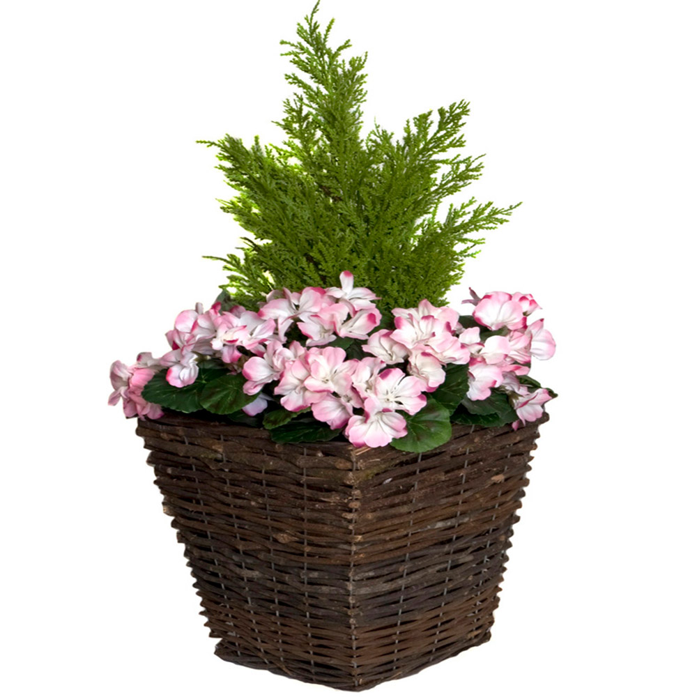 GreenBrokers Artificial Pink and White Geraniums Dark Rattan Planters 60cm 2 Pack Image 2