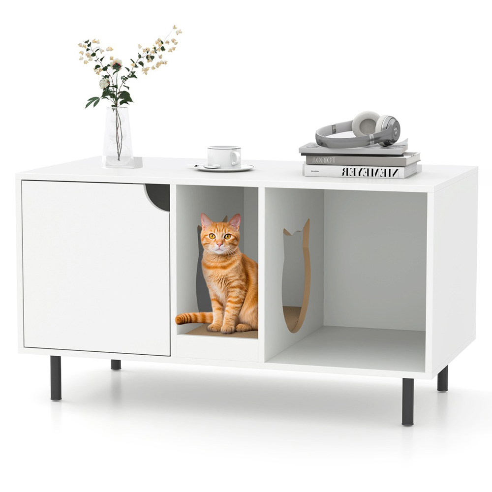 Costway White Cat Litter Box Enclosure with Storage and Scratching Board Image 3