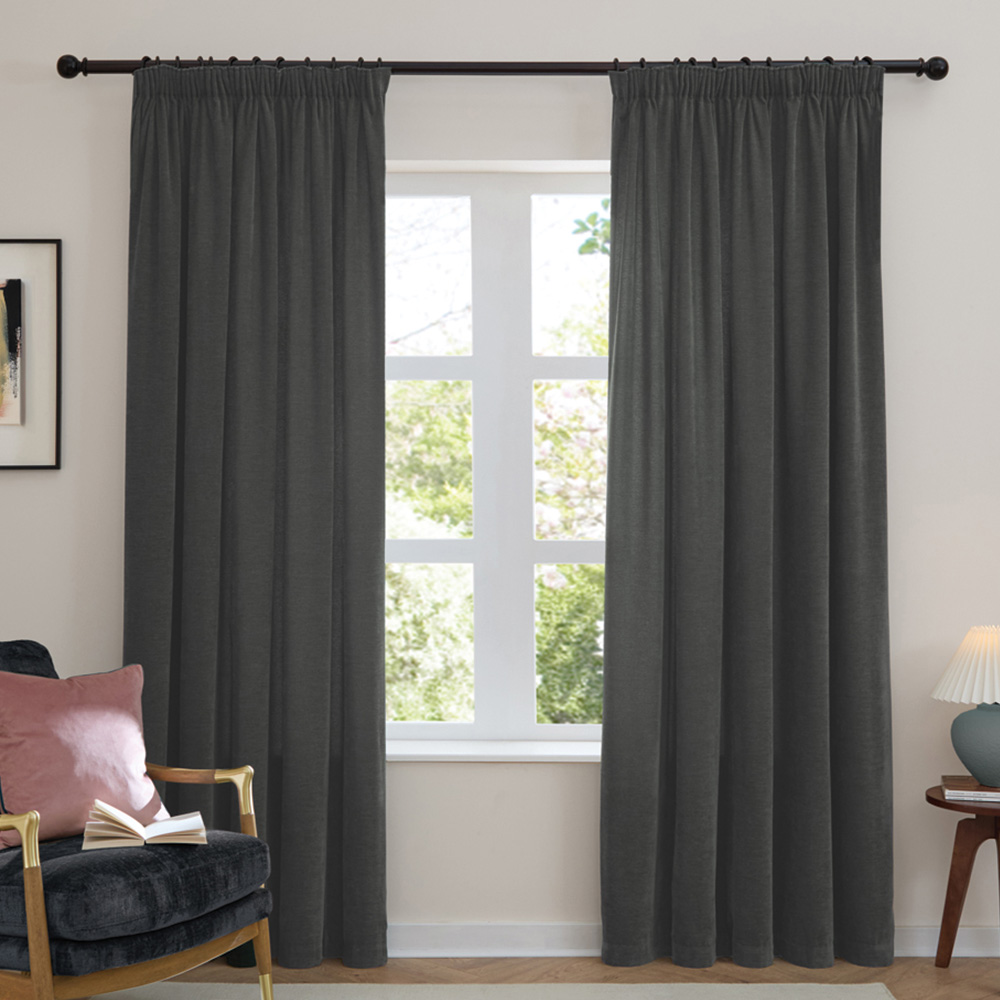 Furn Soft Chenille Charcoal Blackout Pencil Pleat Curtains 168 x 229cm Image 1