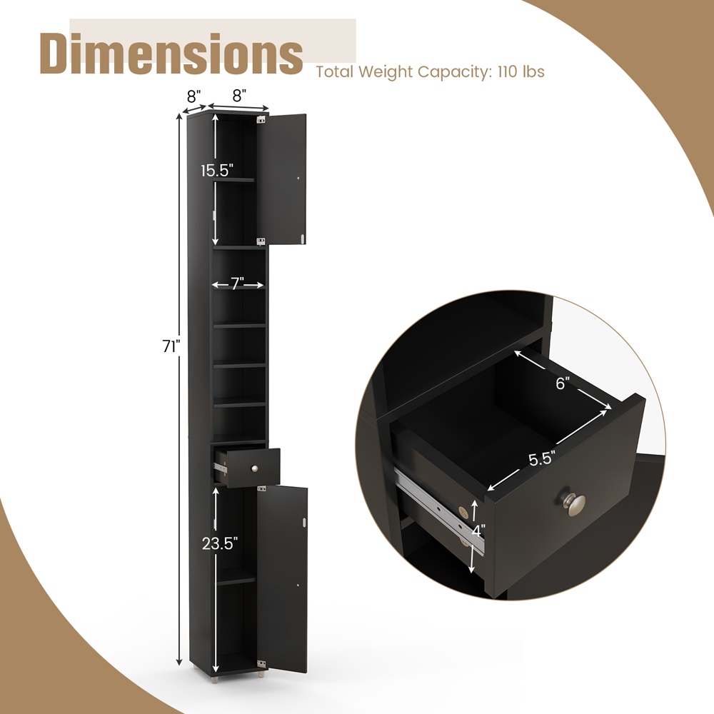 Costway 2 Door Single Drawer Black Tall Bathroom Cabinet Image 7