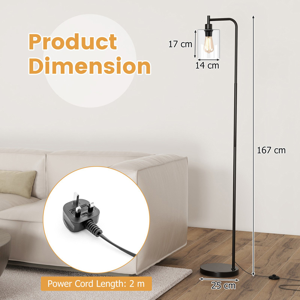 Costway Black Industrial Floor Lamp with Hanging Glass Lampshade Image 5