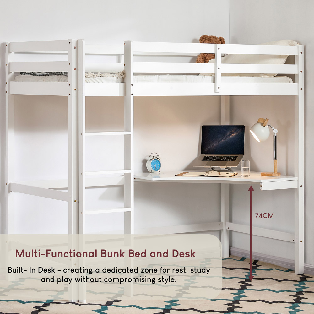 VIDA DESIGNS Sydney Single White Bunk Bed with Desk and Foam Mattress Image 4