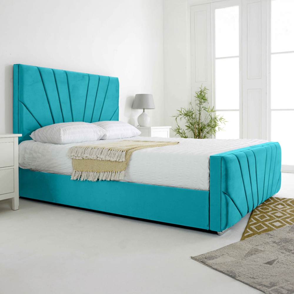 Eleganza Scarlett Double Teal Plush Velvet Bed Frame with Headboard and Footboard Image 1