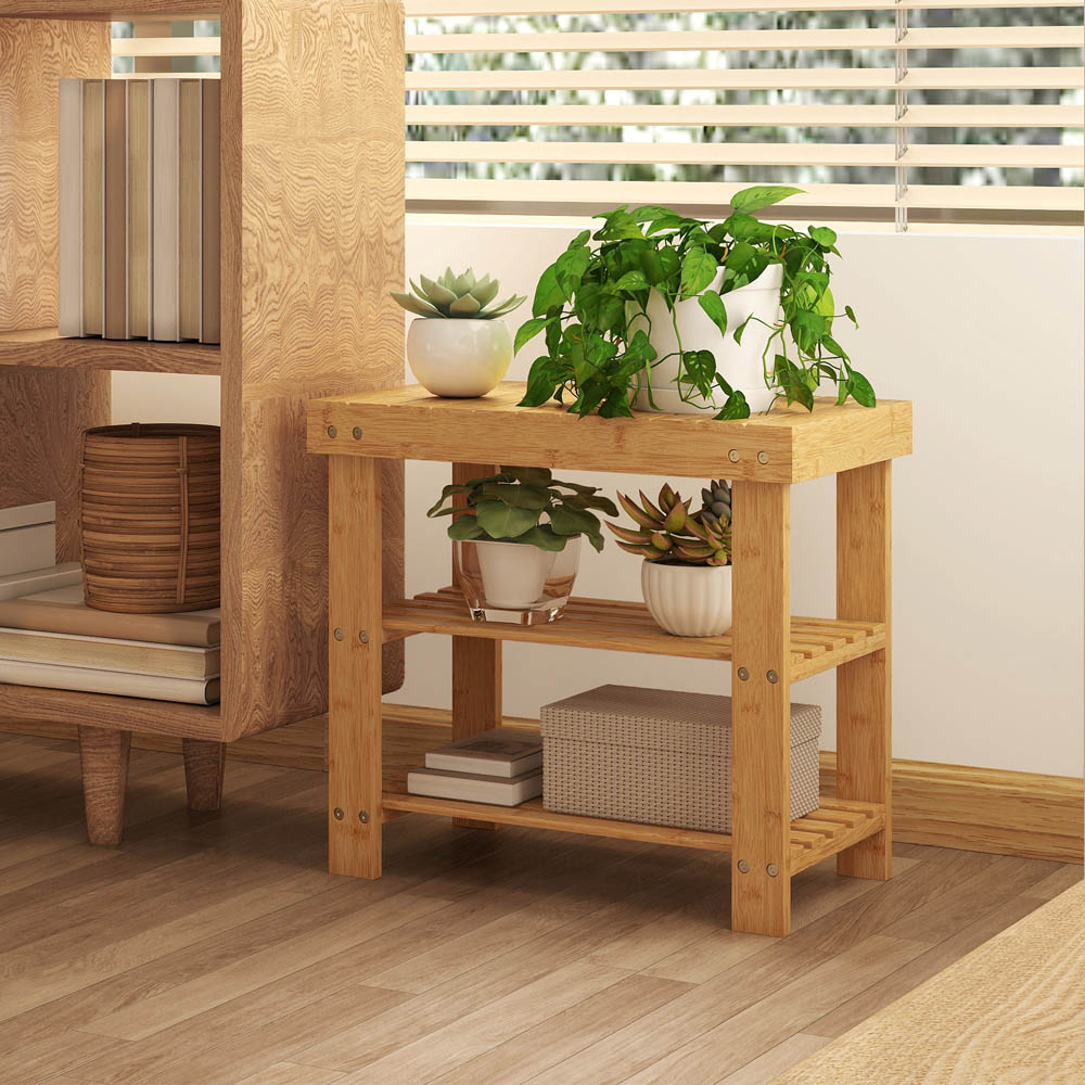 Portland 2 Shelf Wood Finish Bamboo Entryway Shoe Bench Image 4