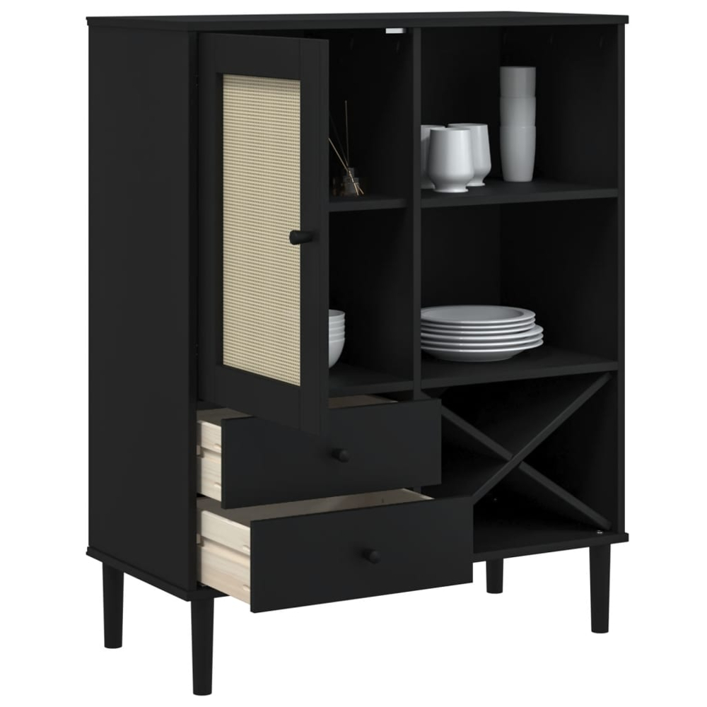vidaXL Senja Single Door 2 Drawer 6 Shelf Black Solid Pine Wood Rattan Look Highboard Image 4
