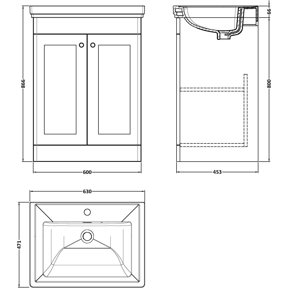 nuie Classique 2 Door Satin White Floor Standing Vanity Unit and 1 Tap Hole Fireclay Basin 600mm Image 2