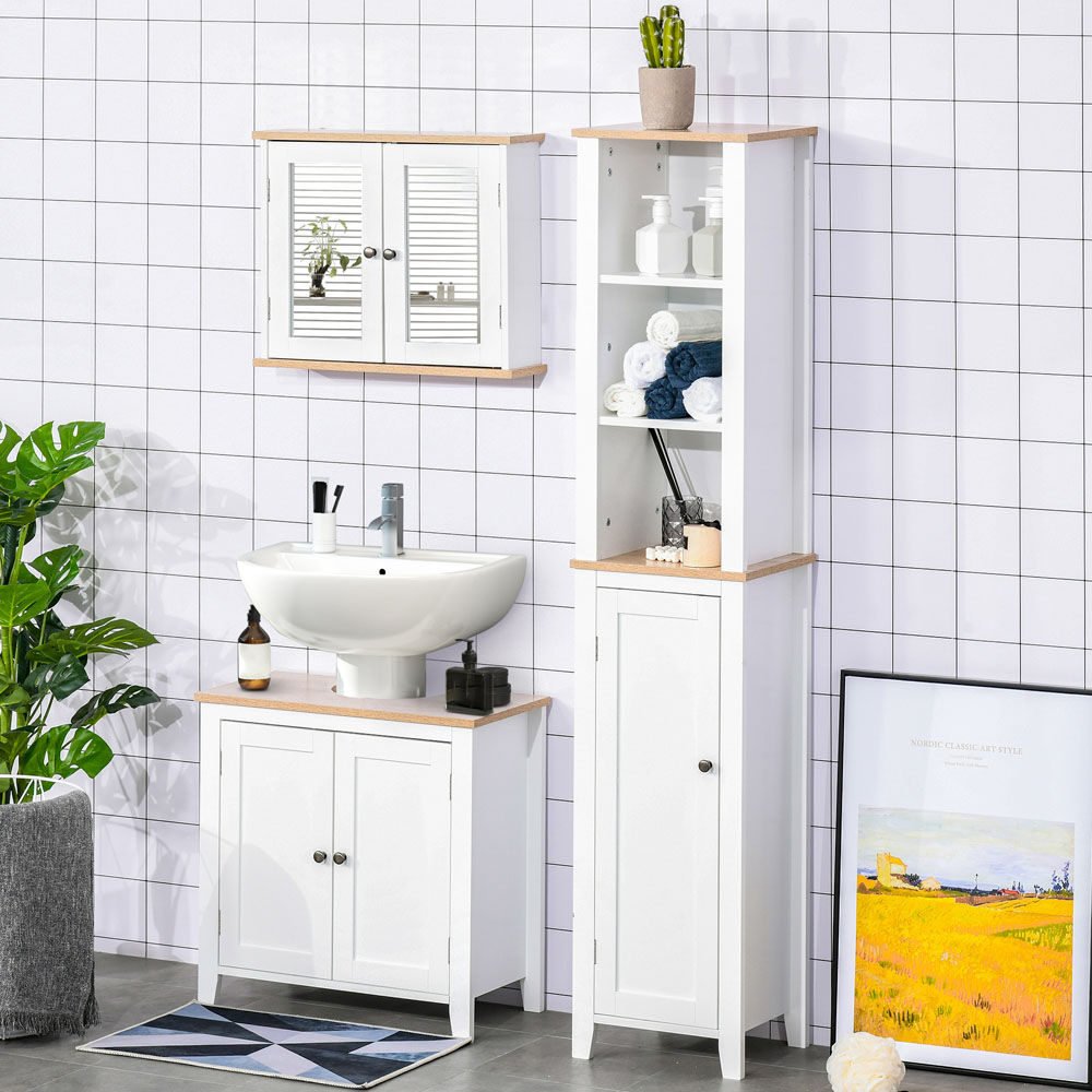 Kleankin White and Brown Wood Effect Storage Mirror Bathroom Cabinet Image 3