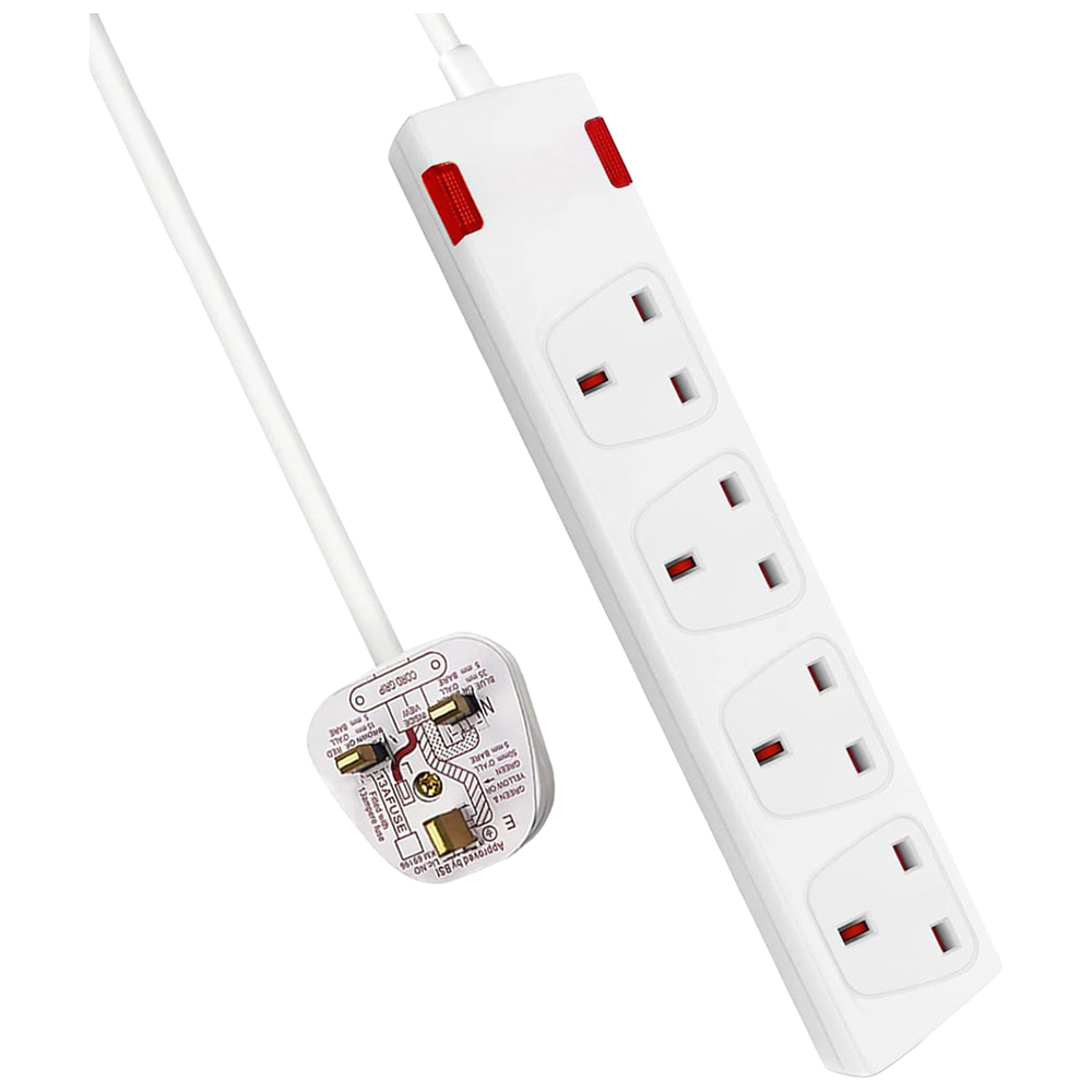 ExtraStar 13A 2m 4 Socket Child Resistant White Extension Lead with Indicate Light Image 1