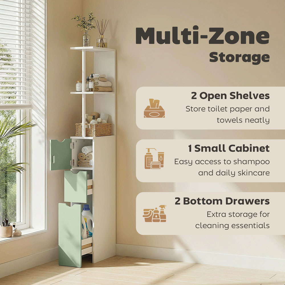 HOMCOM Single Door 2 Drawer 2 Shelf Light Green Freestanding Bathroom Storage Cabinet Image 6