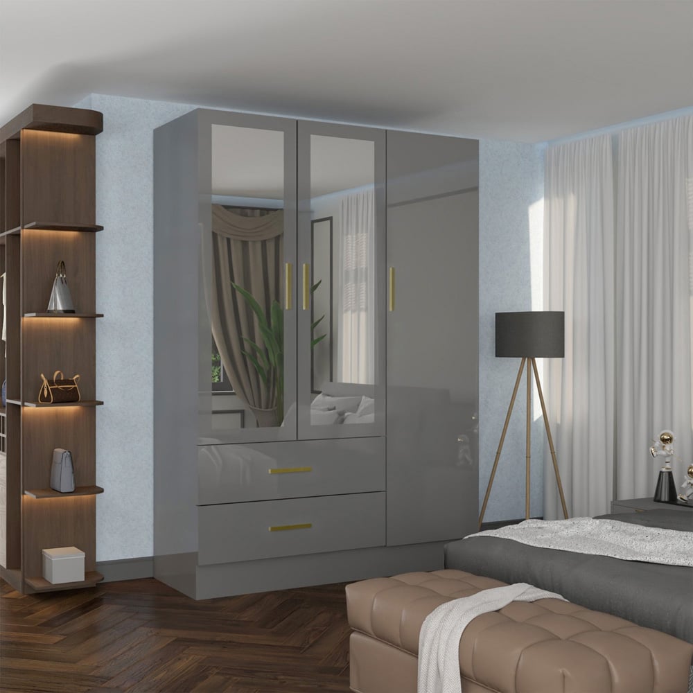 Sliding Wardrobes 4U XD2 3 Door 2 Drawer Grey High Gloss Gold Handle Mirror Wardrobe Image 5