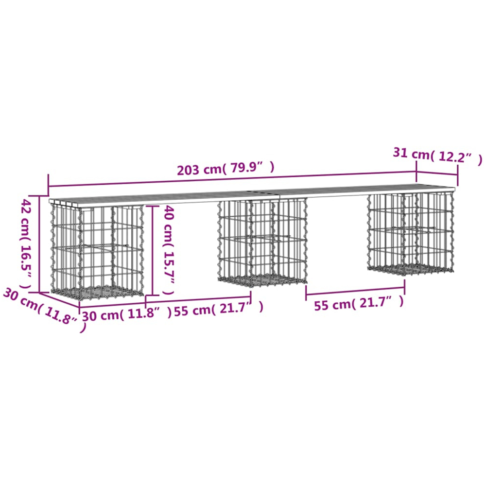 vidaXL Natural Solid Pine Wood Gabion Design Garden Bench 203 x 31 x 42cm Image 7