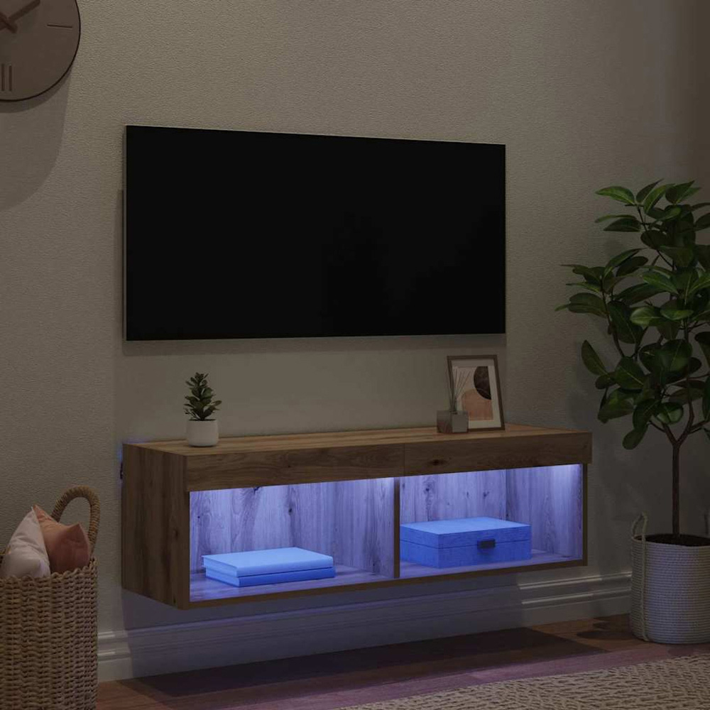 vidaXL 2 Shelf Old Wood Wall Mounted Wide TV Cabinet with LED Light Image 5