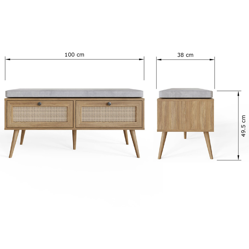 GFW Noor 2 Drawer Oak Rattan Shoe Cabinet with Cushioned Seat Image 8