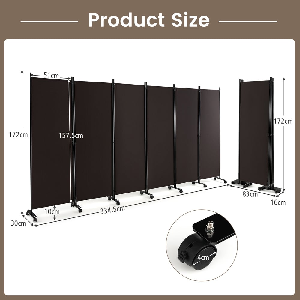 Costway 6 Panel Brown Room Divider on Wheels Image 9