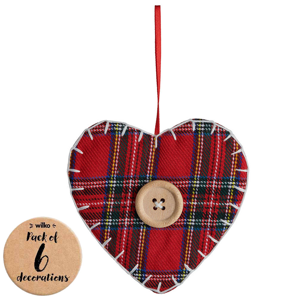 Wilko Winter Tartan Fabric Heart Decoration 6 Pack Image 1