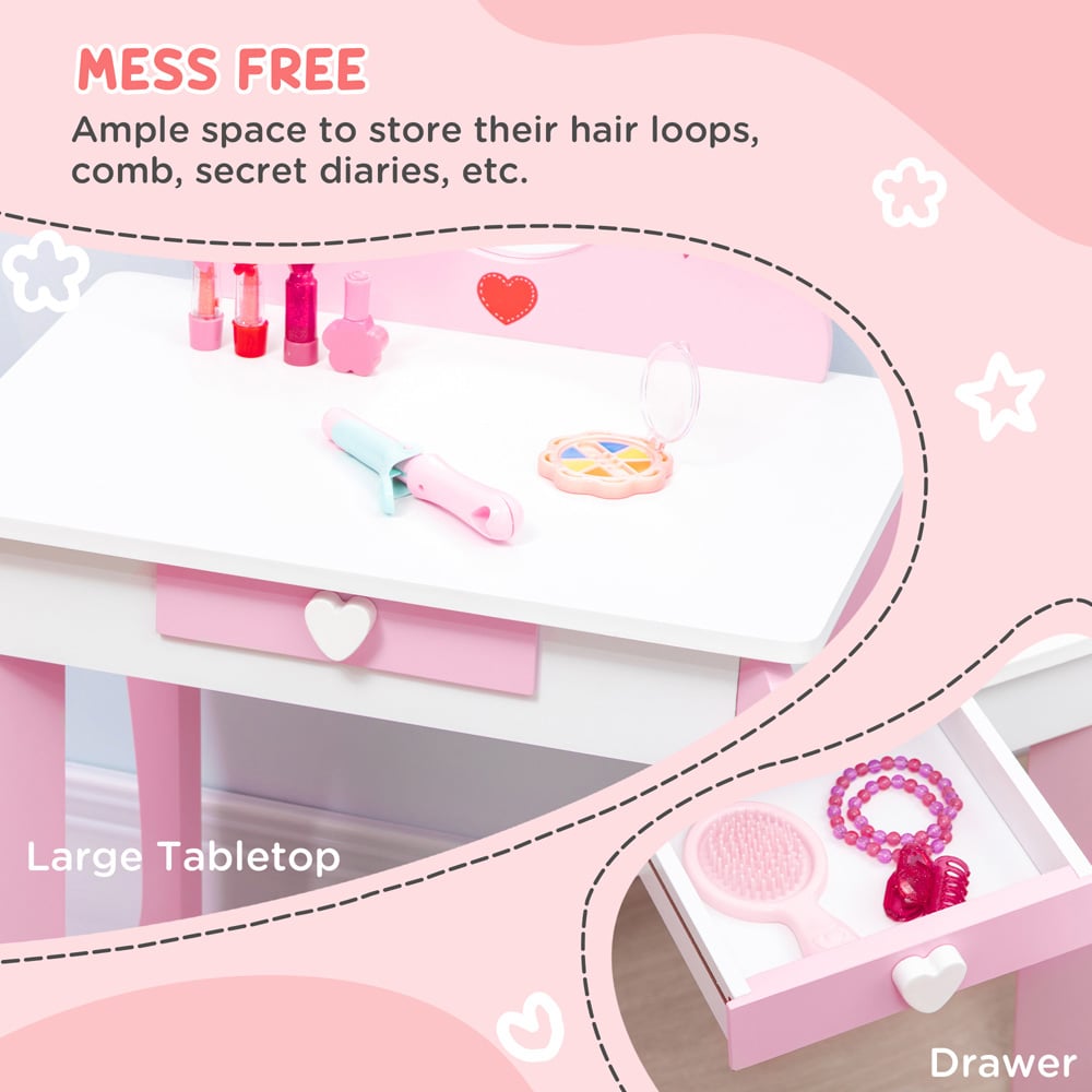 Playful Haven Kids Single Drawer Pink Dressing Table Set with Mirror Image 4