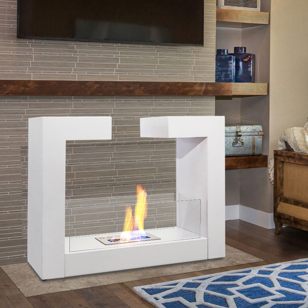 Living and Home White Double Sided Free Standing Ethanol Fireplace Image 2