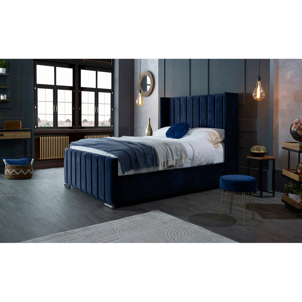 Eleganza Home Meriso King Size Blue Plush Velvet Bed Frame with Winged Headboard Image 5