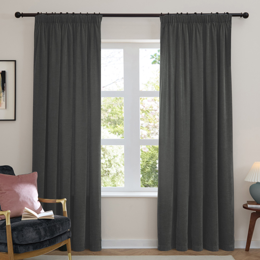 Furn Soft Chenille Charcoal Blackout Pencil Pleat Curtains 117 x 137cm Image 1