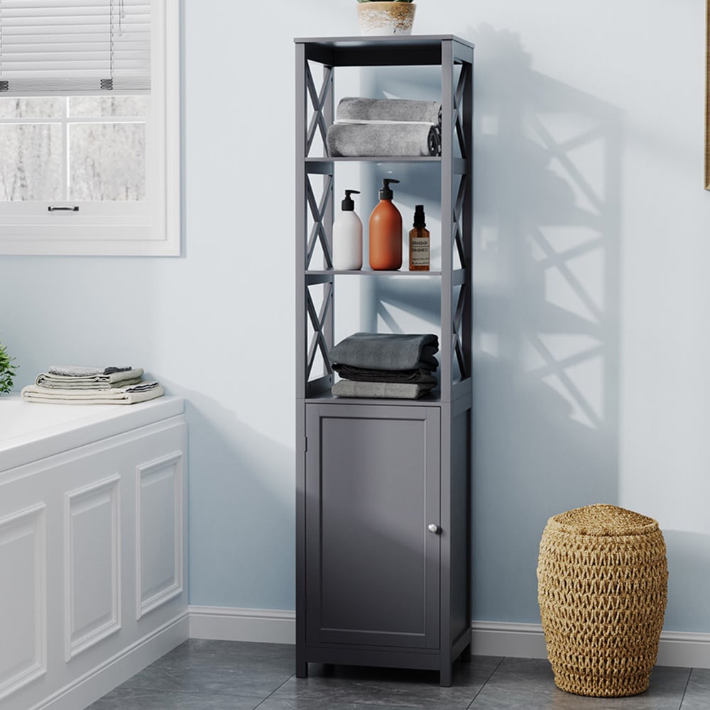 H&O Direct Single Door 3 Shelf Wooden Tall Bathroom Cabinet Image 1