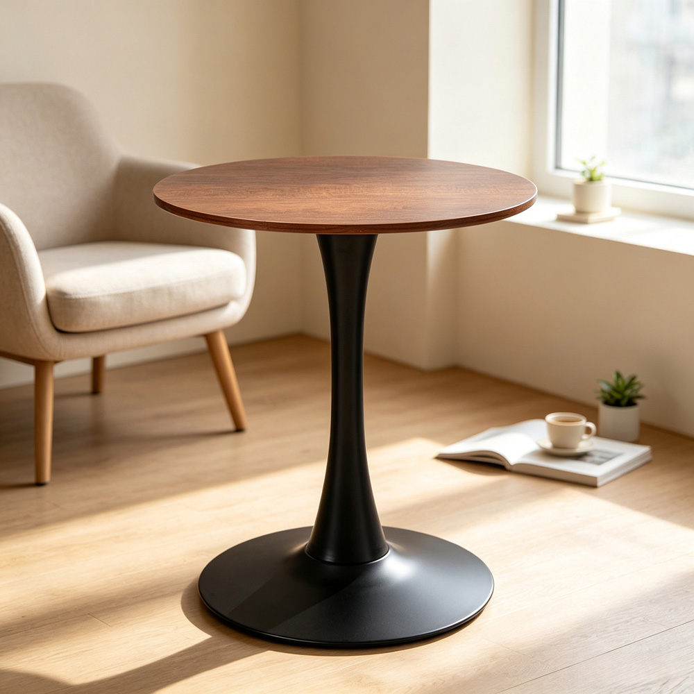 Living and Home 2 Seater Metal Base Modern Round Dining Table Walnut and Black Image 8