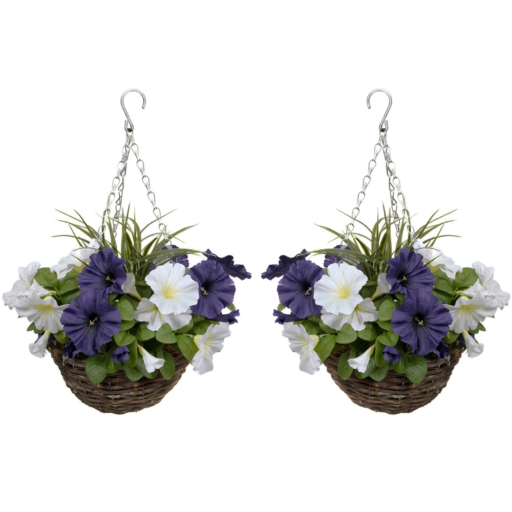 GreenBrokers Artificial Dark Purple and White Petunias Round Rattan Hanging Plant Baskets 2 Pack Image 1