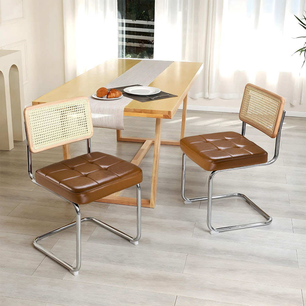 Living and Home Set of 2 Brownish Yellow PU Leather Rattan Back Dining Chairs Image 7