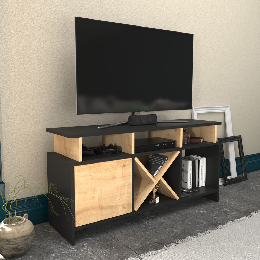 Decorotika Aurburn Single Door 8 Shelf Anthracite and Sapphire Oak TV Unit Image 5