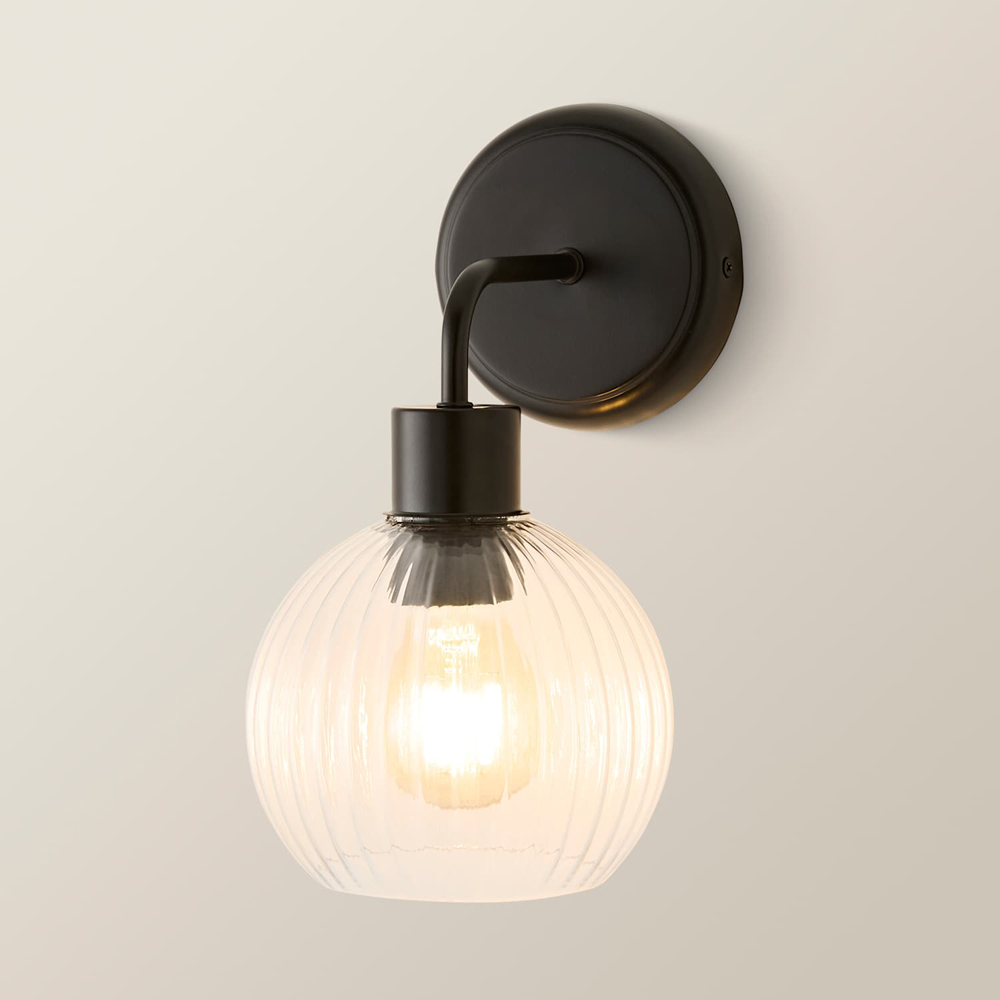 ValueLights Maddison Clear Rib Glass Black Metal Wall Light Fitting with Bulb 2 Pack Image 3