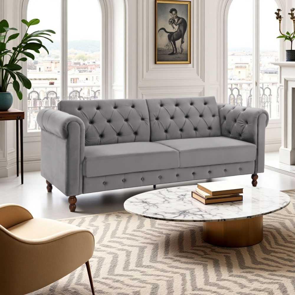 Indoor Living Royal Chesterfield 3 Seater Grey Velvet Sofa Bed Image 5