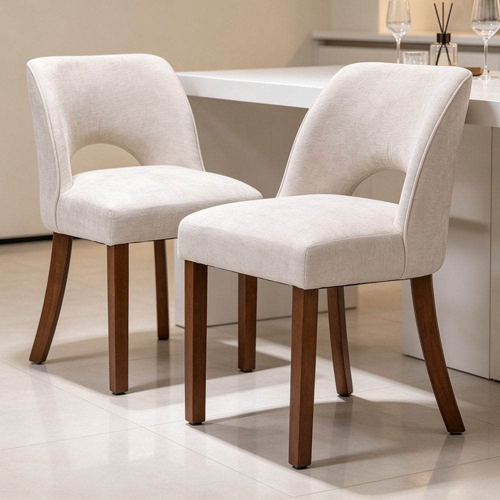 Living and Home Set of 2 Beige Chenille Curved Cutout Backrest Dining Chair Image 1