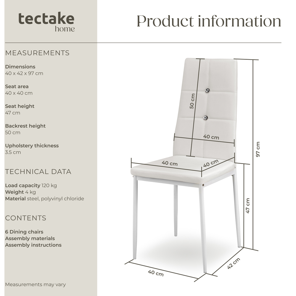 tectake Set of 6 White Rhinestone Highlight Dining Chairs Image 9