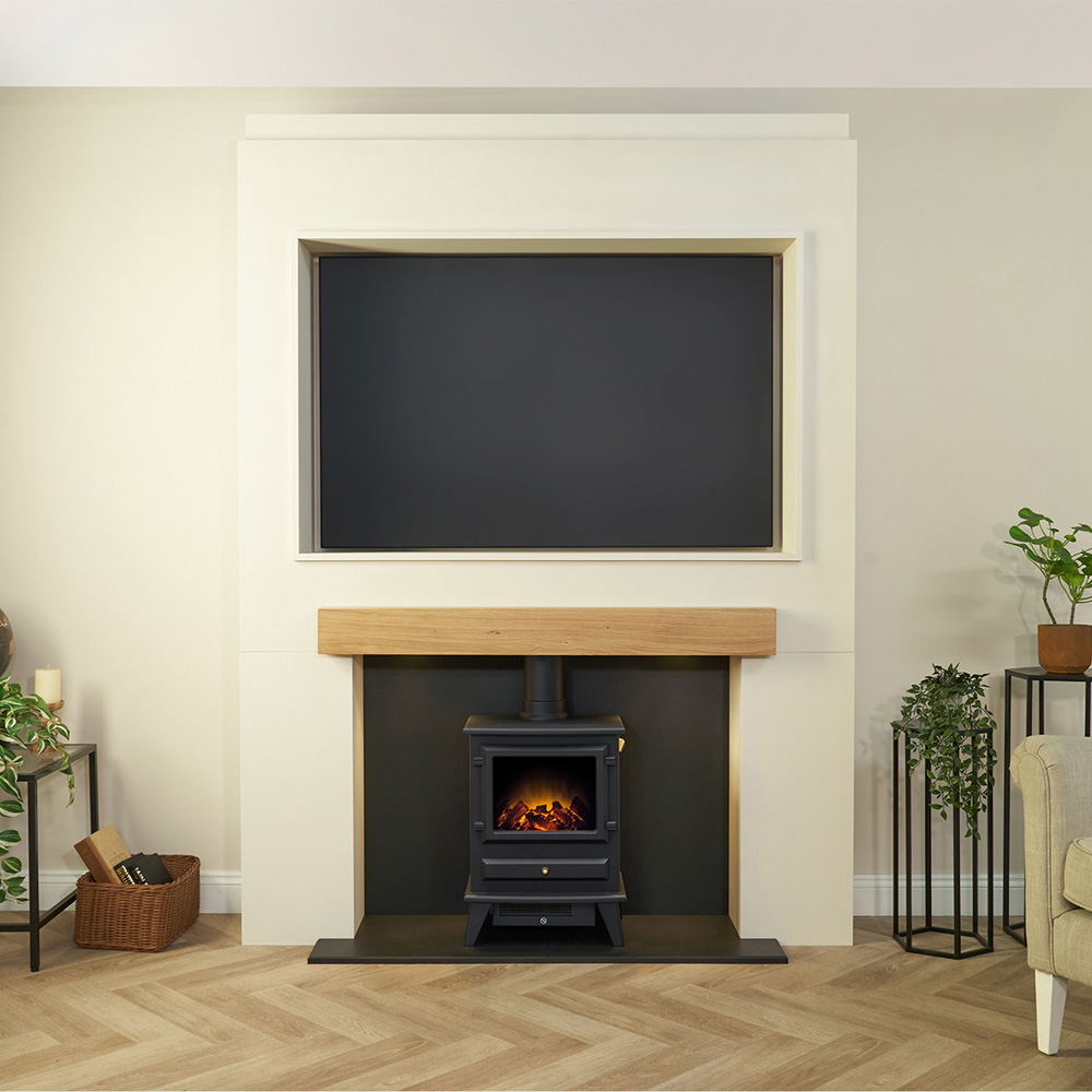 Acantha Black Pre-Built Stove Media Wall 2 with TV Recess and Hudson Electric Stove Image 2