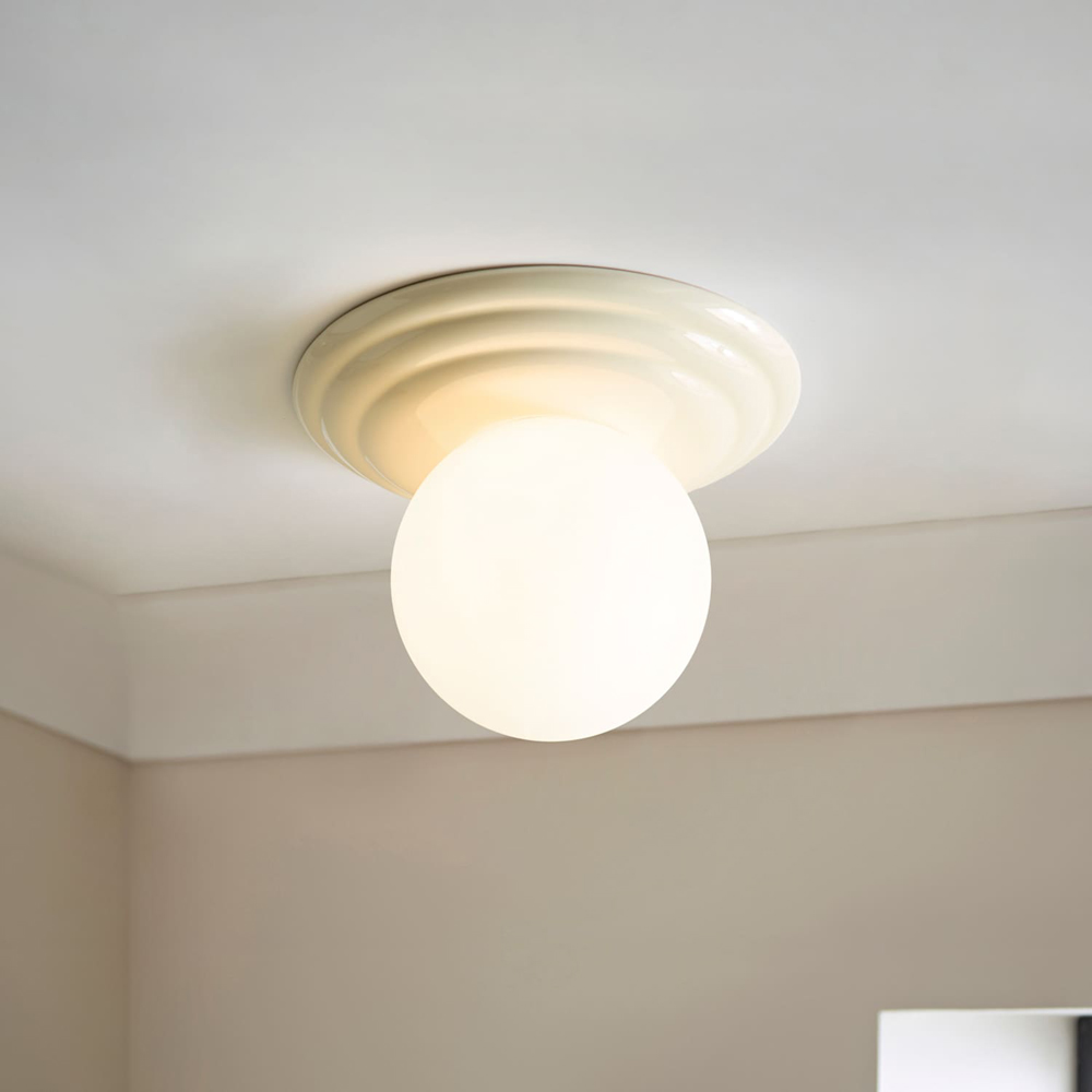 ValueLights Rue Frosted Glass Shade Cream Ribbed Ceramic Base Flush Ceiling Light with Bulb Image 5