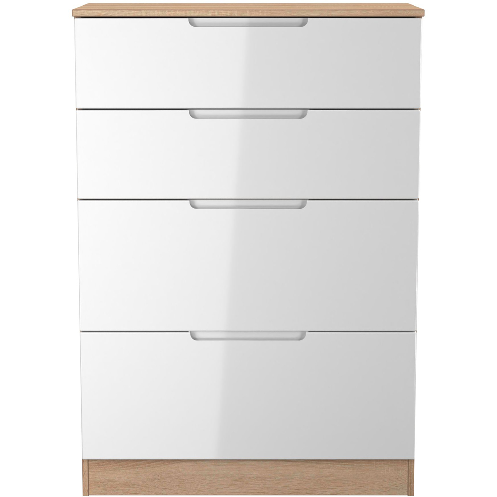 Crowndale Milan 4 Drawer White Gloss and Bardolino Oak Deep Chest of Drawers Ready Assembled Image 2
